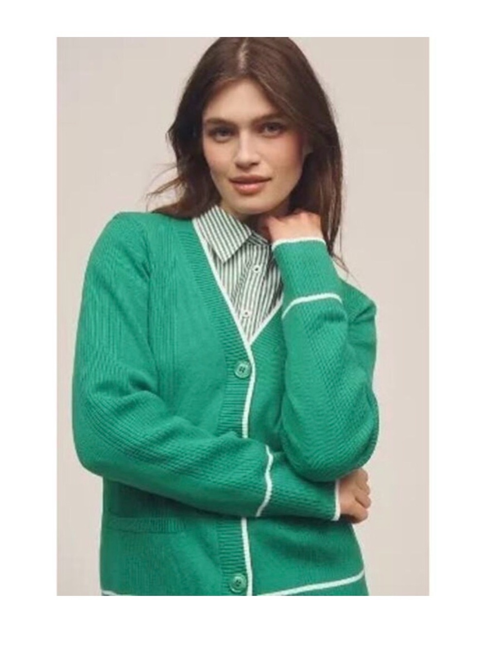 Maeve by Anthropologie Women's Green V-Neck Cardigan Sweater with Contrast Trim